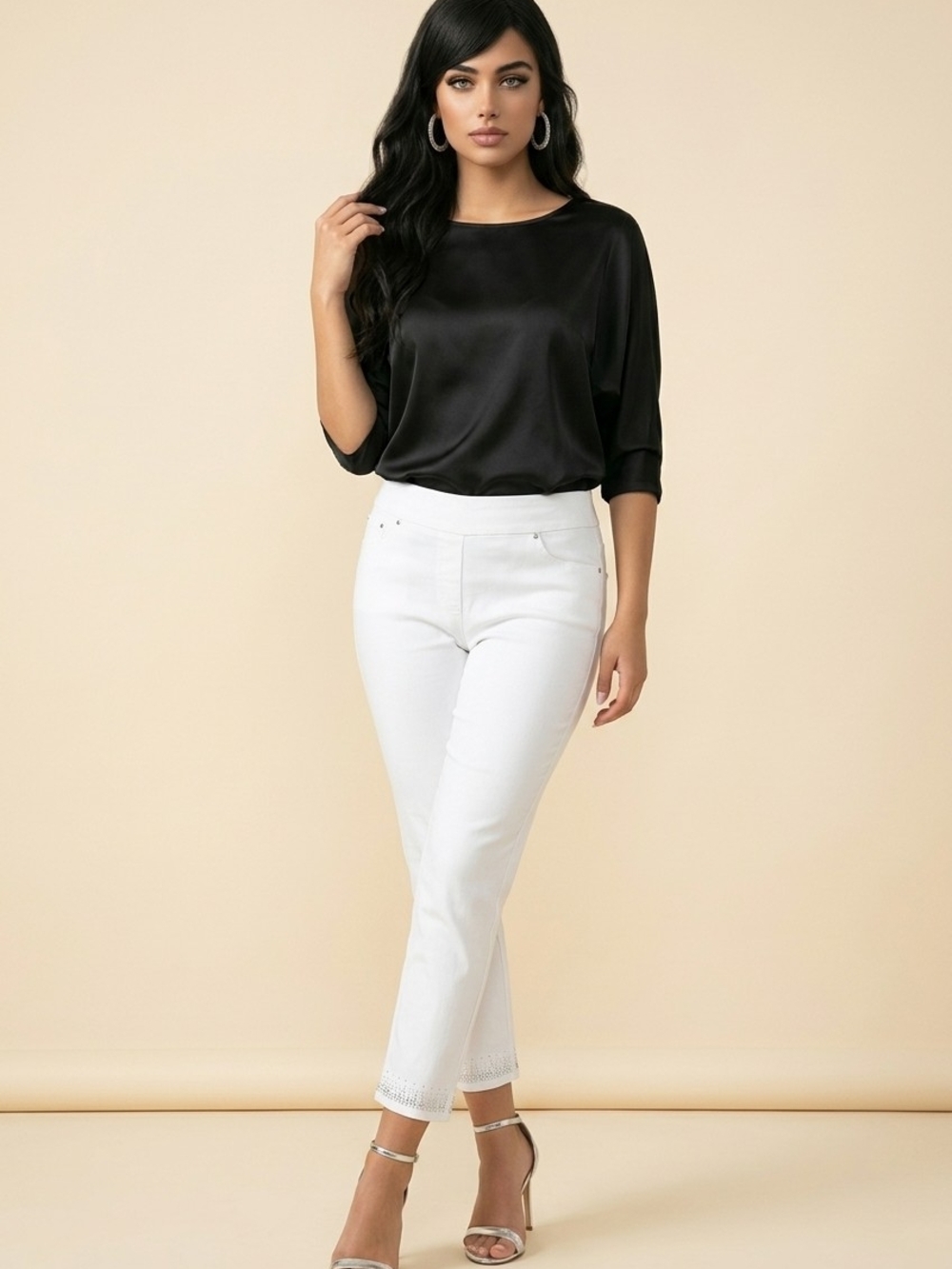 NWT Ruby Rd. White Pull On Crop Slimming Jeans -sequin ankle detail Sz 10